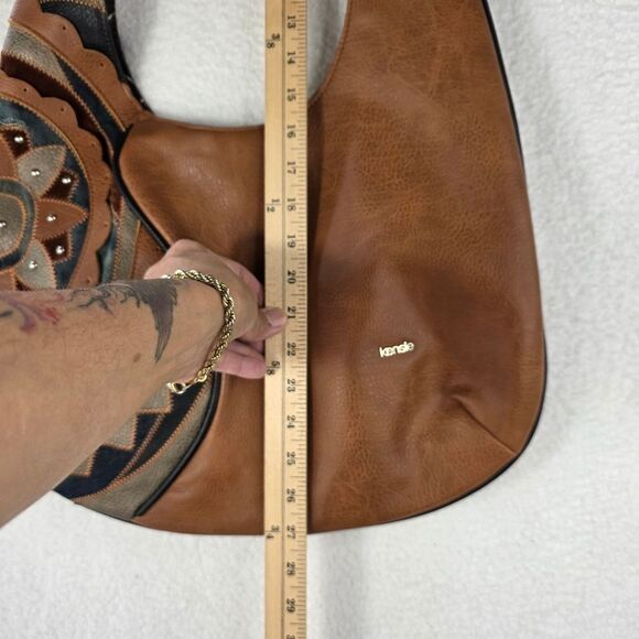Kensie Hobo Purse Shoulder Bag Denim Patchwork Design Faux Brown Leather - Picture 13 of 17